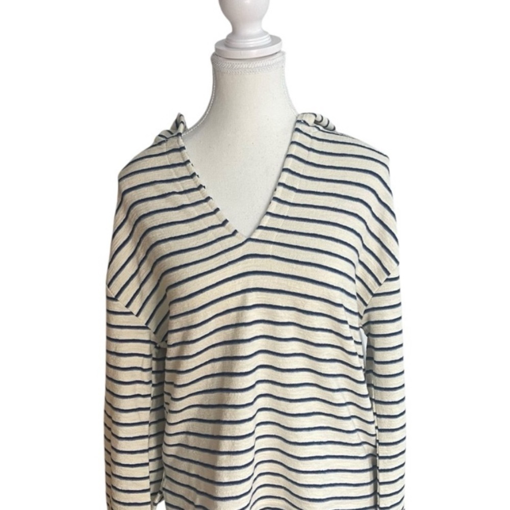 Marine Layer Cream and Navy Striped V-Neck Hoodie